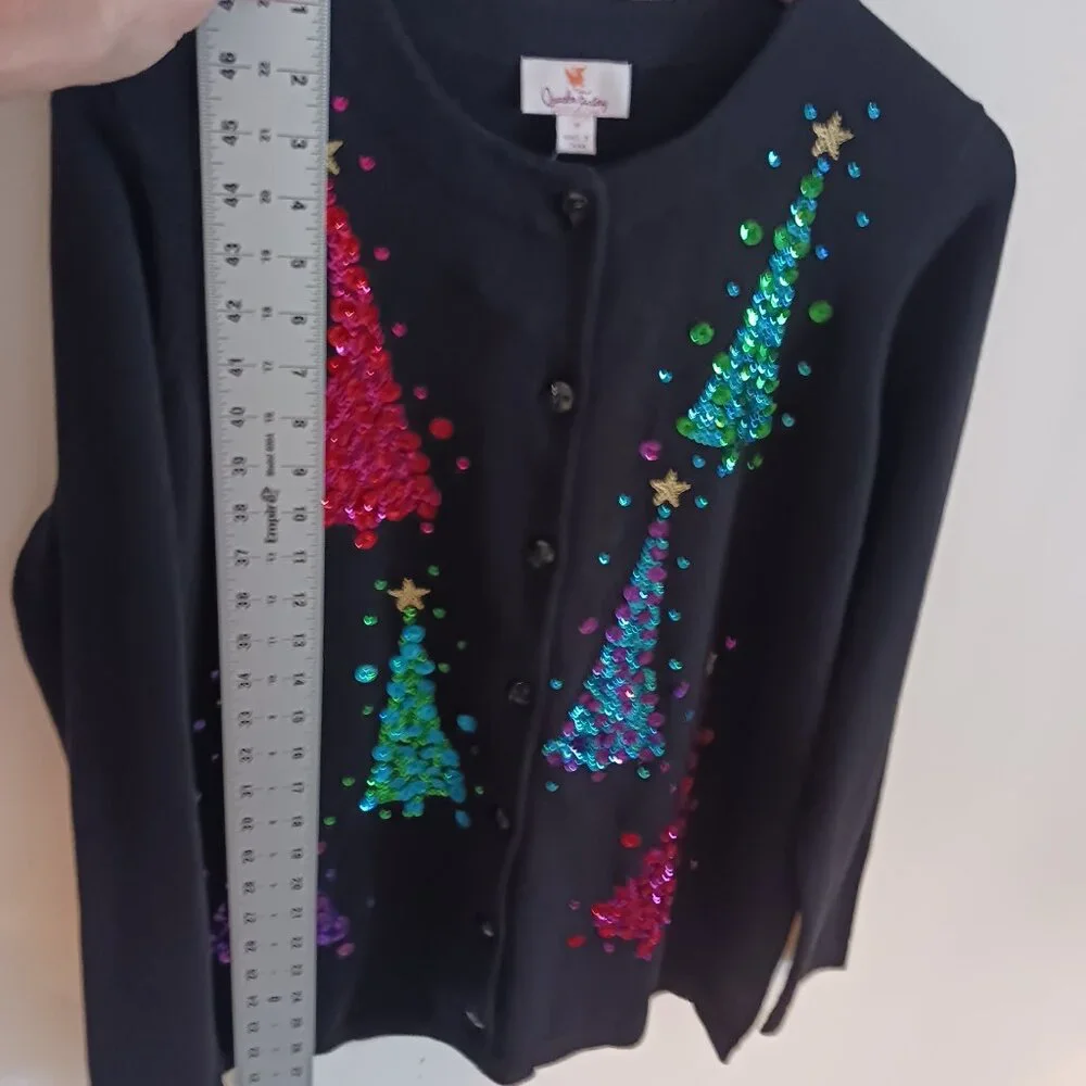 Quaker Factory NWOT Black Christmas Cardigan W/ Multi Color Sequins, Size Med.